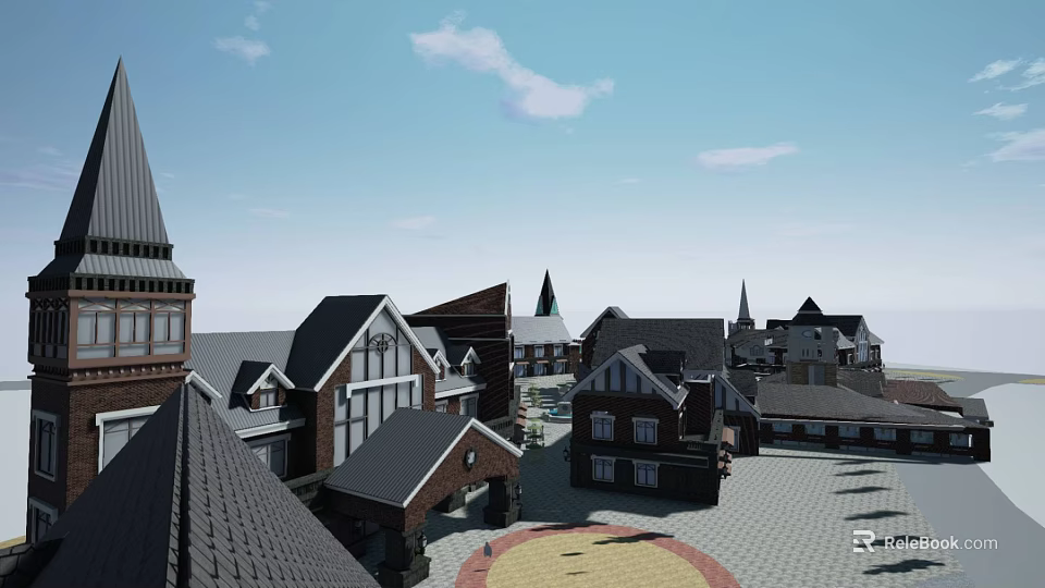 Traditional European Commercial Street With Red Brick Buildings Spires And Stone Plaza Pavement 3d model 