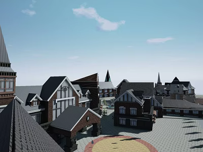 Traditional European Commercial Street With Red Brick Buildings Spires And Stone Plaza Pavement 3d model