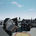 Traditional European Commercial Street With Red Brick Buildings Spires And Stone Plaza Pavement