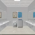 Modern Laundry Room With Row Of Washing Machines Wall Posters Plants Window And City View