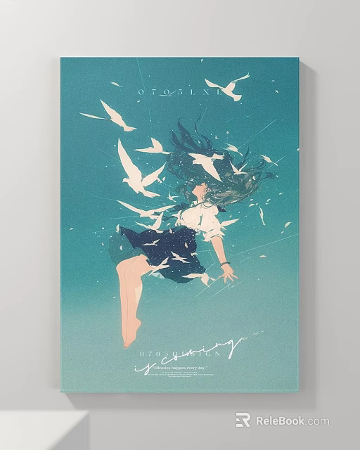 Ethereal Female Portrait Painting With Flowing Hair White Birds And Teal Background 3d model 