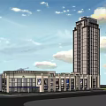 Modern Commercial Building With High Rise Tower Digital Billboard Pedestrians And Vehicles On Street