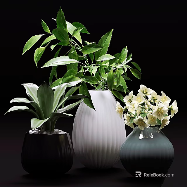 Decorative Ornament Set Featuring Black White Gray Vases with Green Leaves and White Flowers 3d model 