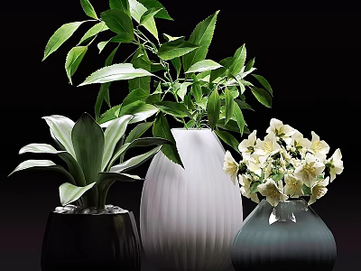 Decorative Ornament Set Featuring Black White Gray Vases with Green Leaves and White Flowers 3d model