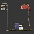 Bus Stop Featuring Red Awning Bench Stone Pavement Lamp Post With Sign And Trash Can