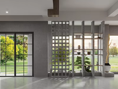 Modern Elegant Hotel Lobby With Grid Partition Large Windows And Green Plants 3d model