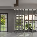 Modern Elegant Hotel Lobby With Grid Partition Large Windows And Green Plants