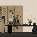 Traditional Chinese Console Table With Bamboo Calligraphy Screen Stone Ornaments And Flower Vase