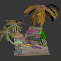 Wooden House by the Water with Palm Trees and Small Boat on Sand Beach