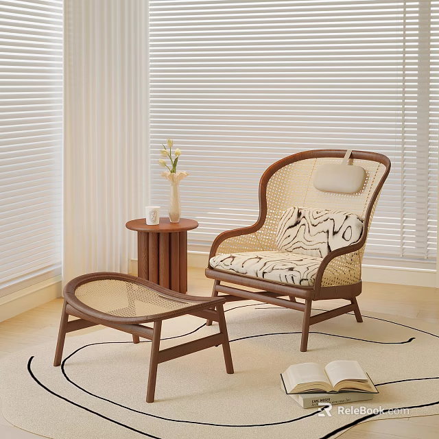 Wicker Leisure Chair With Wooden Frame Patterned Cushion Side Table And Ottoman 3d model 