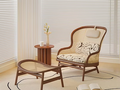 Wicker Leisure Chair With Wooden Frame Patterned Cushion Side Table And Ottoman 3d model