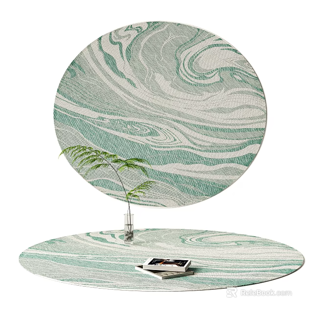 Round Rug Featuring Green and White Marbled Design with Small Fern and Tablet 3d model 
