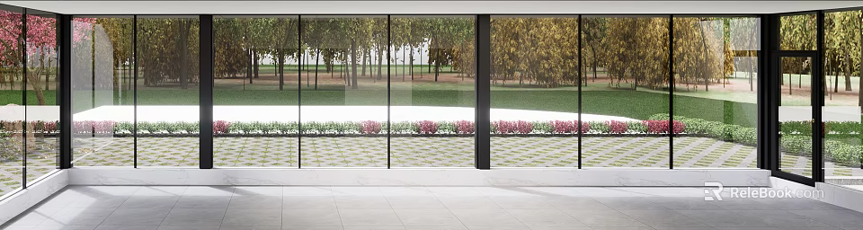 Villa Balcony With Large Glass Walls Overlooking Trees Lawn And Pink Flowers On Tiled Floor 3d model 