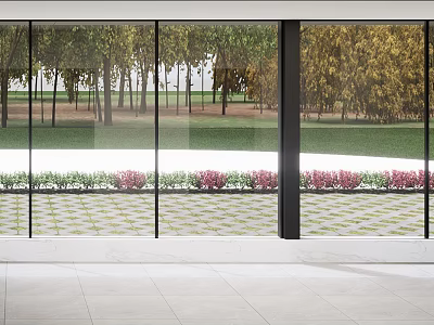 Villa Balcony With Large Glass Walls Overlooking Trees Lawn And Pink Flowers On Tiled Floor 3d model