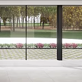 Villa Balcony With Large Glass Walls Overlooking Trees Lawn And Pink Flowers On Tiled Floor