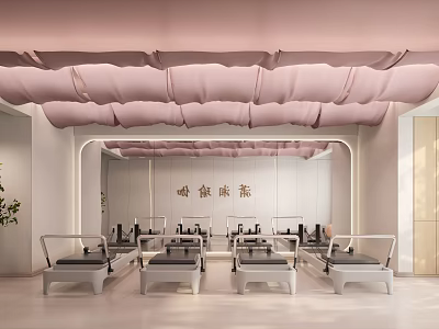 Clean Modern Fitness Studio Featuring Pink Wavy Ceiling Mirrors And Black Cushioned Chairs 3d model