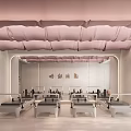 Clean Modern Fitness Studio Featuring Pink Wavy Ceiling Mirrors And Black Cushioned Chairs