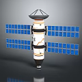 Orbital Satellite Equipment With Multiple Blue Solar Panels Main Body And Dome Antenna Structure