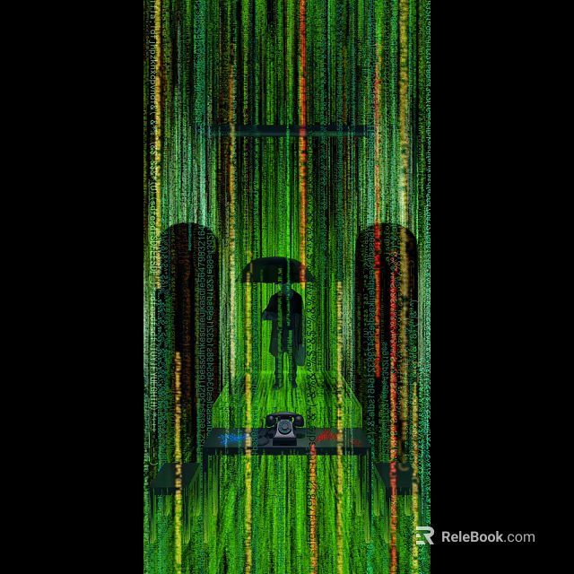 Green Code Rain Background With Person Holding Umbrella And Console Interface 3d model 