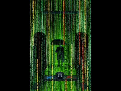 Green Code Rain Background With Person Holding Umbrella And Console Interface 3d model