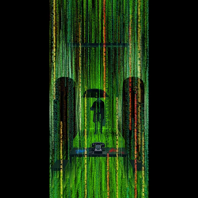 Green Code Rain Background With Person Holding Umbrella And Console Interface 3d model