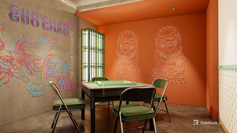 Hotel Mahjong Room Interior With Orange Walls Dragon Patterns And Green Chairs 3d model 