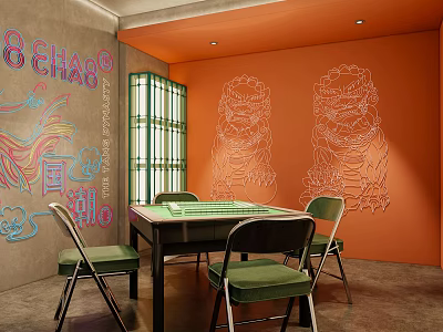 Hotel Mahjong Room Interior With Orange Walls Dragon Patterns And Green Chairs 3d model