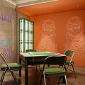 Hotel Mahjong Room Interior With Orange Walls Dragon Patterns And Green Chairs