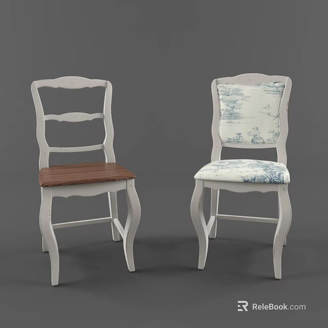 Elegant White Frame Dining Chairs With Wooden Seat And Blue White Printed Fabric 3d model 