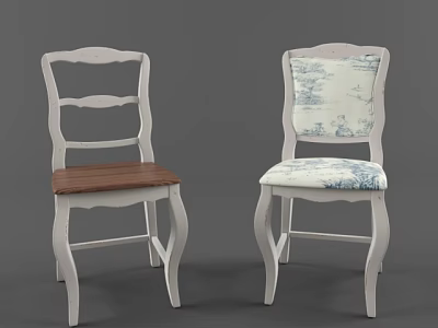 Elegant White Frame Dining Chairs With Wooden Seat And Blue White Printed Fabric 3d model