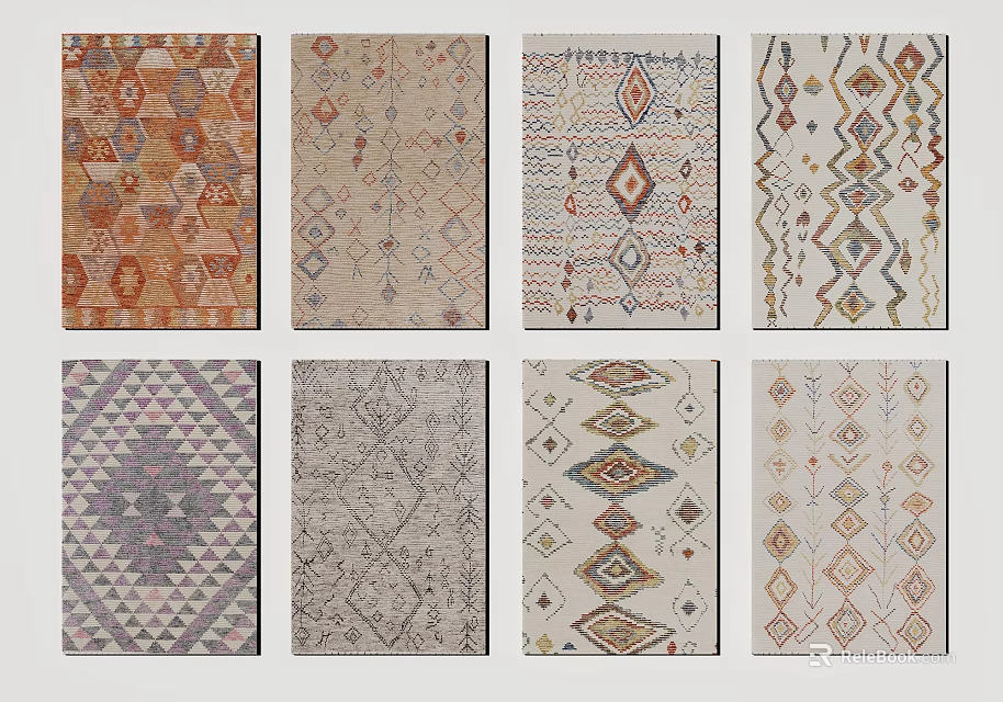Various Square Rugs With Geometric Patterns And Colorful Designs For Home Decor 3d model