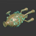 Golden Shiny Water Vehicle With Metallic Surface Round Windows And Protruding Structures