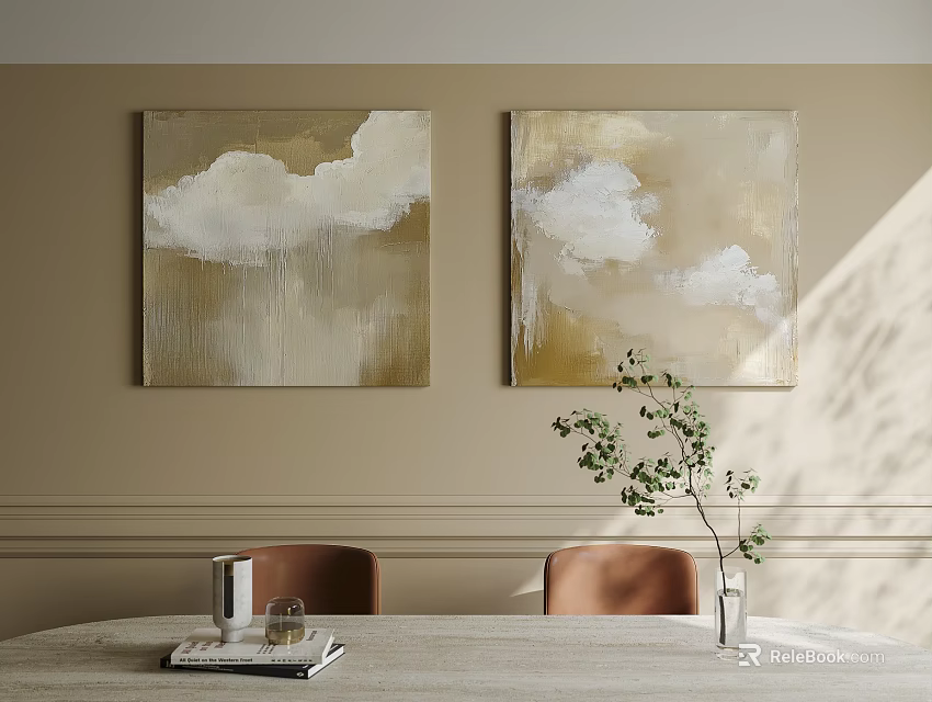 Two Abstract Cloud Landscape Paintings With Golden Beige Background In Indoor Setting With Green Plant 3d model 