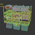 Industrial Multi Level Structure With Yellow Framework Blue Base White Equipment And Red Components