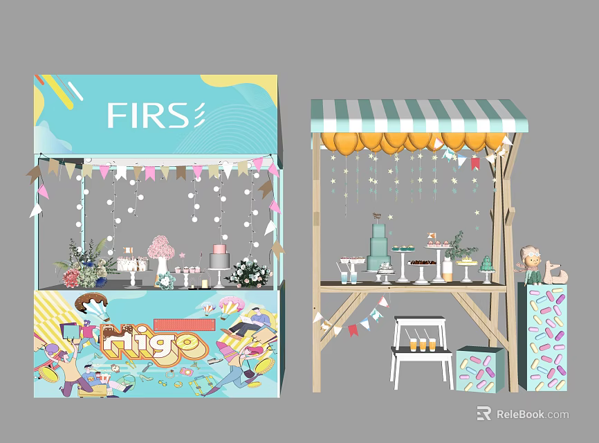 Floral Decor Arrangements For Kiosk With Colorful Banners Striped Awning And Wooden Tables 3d model 