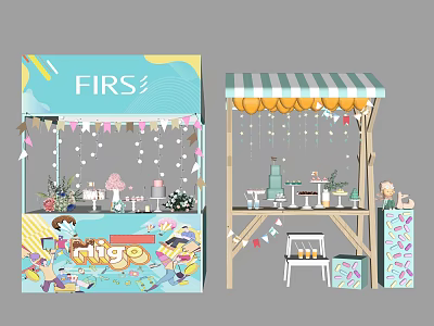 Floral Decor Arrangements For Kiosk With Colorful Banners Striped Awning And Wooden Tables 3d model
