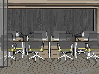 Public Office Space Featuring Multiple Workstations Ergonomic Chairs Computer Monitors And Wooden Wall 3d model