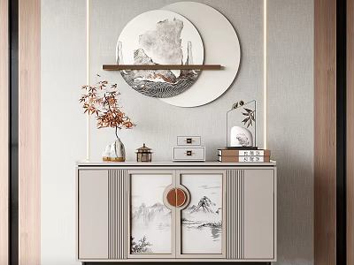 Chinese Style Entryway Console Cabinet With Landscape Painting Decor And Ceramic Vase 3d model