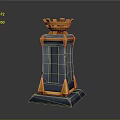 Decorative Gray Metallic Tower Scene Component Featuring Central Doorway Golden Crown Top And Base Accents