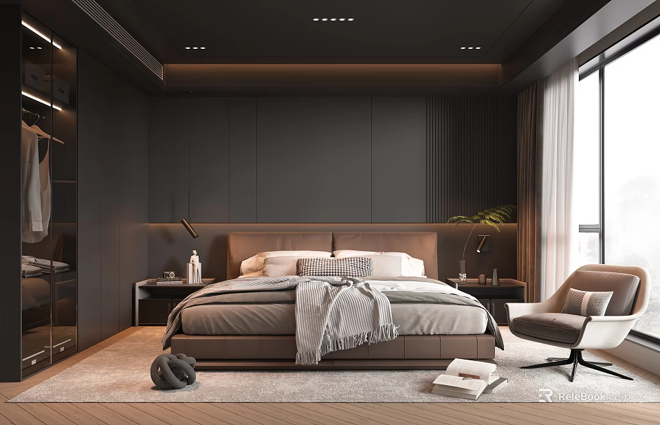 Modern Bedroom Interior With Dark Walls Minimalist Headboard Nightstands Table Lamps And Accent Chair 3d model 