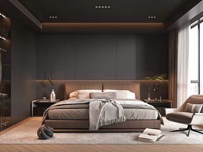 Modern Bedroom Interior With Dark Walls Minimalist Headboard Nightstands Table Lamps And Accent Chair 3d model