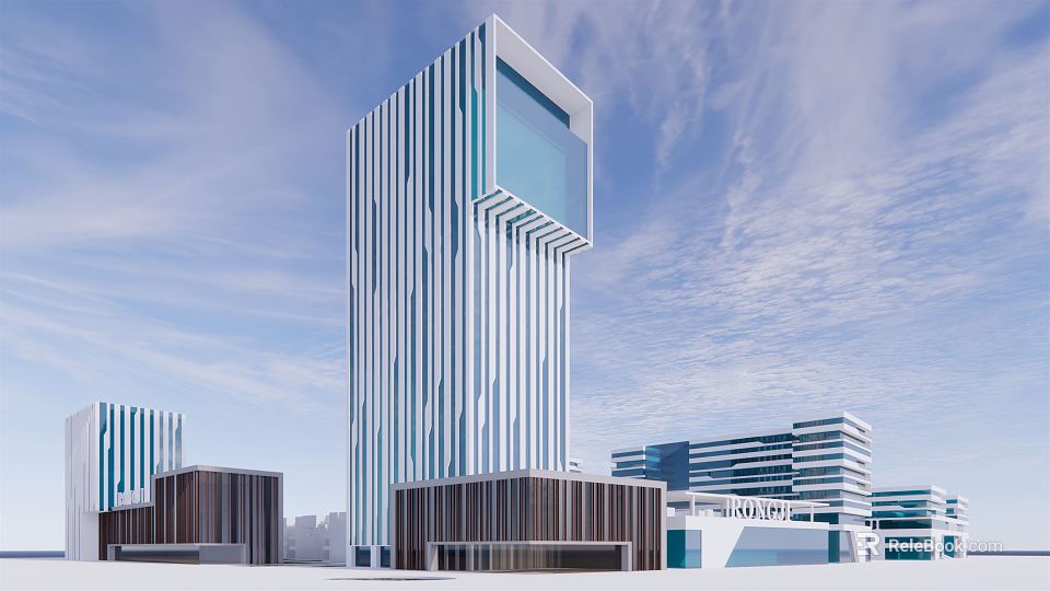 Modern High Rise Office Building Exterior Design With Glass Curtain Wall And Geometric Facade 3d model 