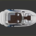 Modern White Speedboat with Blue Accents Transparent Windshield and Brown Interior Seats for Water Transportation