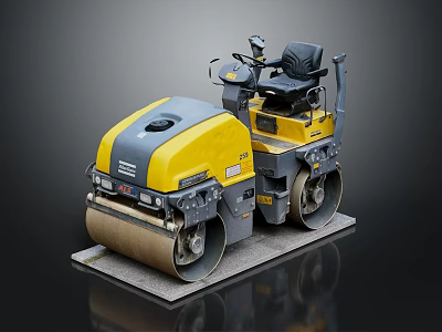 Yellow And Gray Construction Road Roller With Double Rollers Seat And Control Panel 3d model