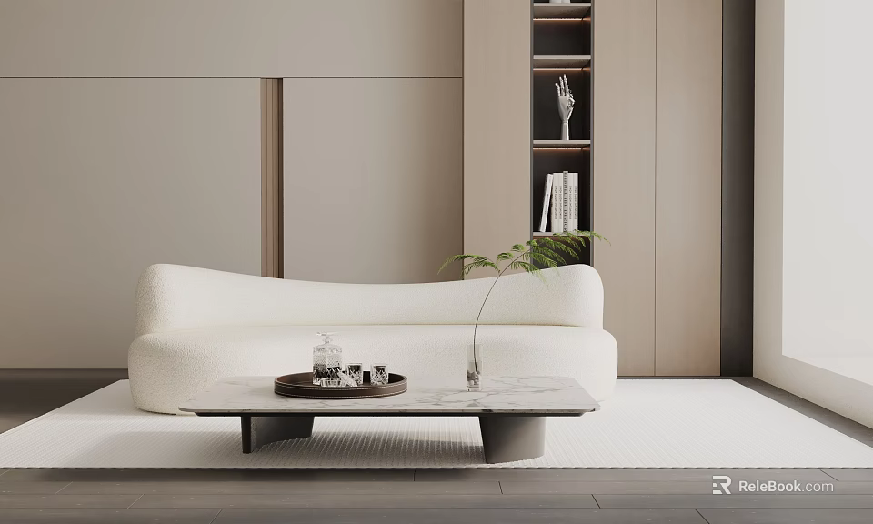 Modern Ivory Three-Seater Sofa with Marble Coffee Table Green Plant and Wooden Bookshelf 3d model 