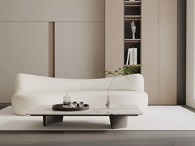 Modern Ivory Three-Seater Sofa with Marble Coffee Table Green Plant and Wooden Bookshelf 3d model