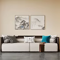 Beige Sectional Sofa With Chinese Landscape Paintings And Decorative Pillows On Beige Wall