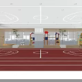 Basketball Gym Interior Design With Red Floor Ceiling Lights Basketball Hoops And Large Windows