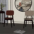 Chinese Style Dining Chairs Red And Beige With Tufted Backrest In Interior With Circular Painting