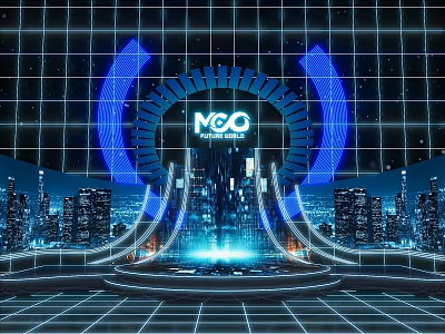 Futuristic Tech Inspired Stage With Blue Lighting Grid Background And City Skyline NOO Logo 3d model